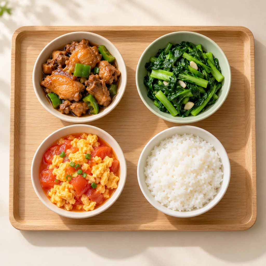 小碗菜餐盘示意：四只独立小碗盛放鸡块、青菜、番茄炒蛋和米饭